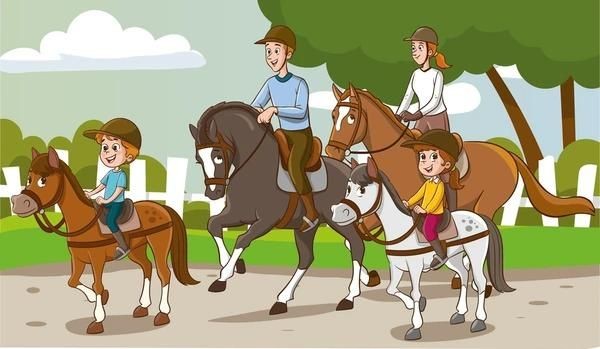 Illustration of four people riding horses on a path with trees and fences in the background.