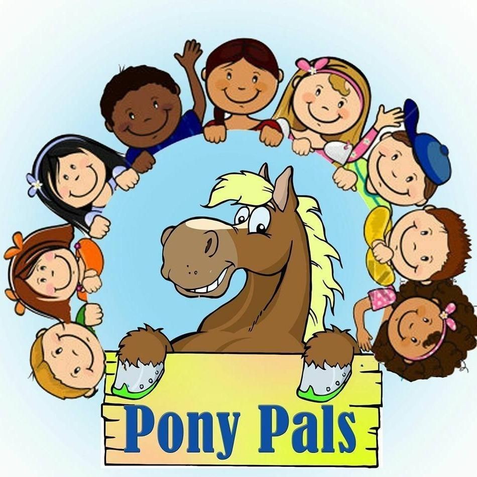 Cartoon pony with children around, holding a sign that reads 'Pony Pals'.