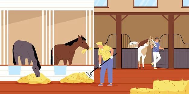 Illustration of stable with people caring for horses, feeding hay, and cleaning stalls.