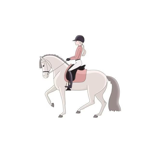 Illustration of a rider in a helmet and pink attire on a white horse performing dressage.