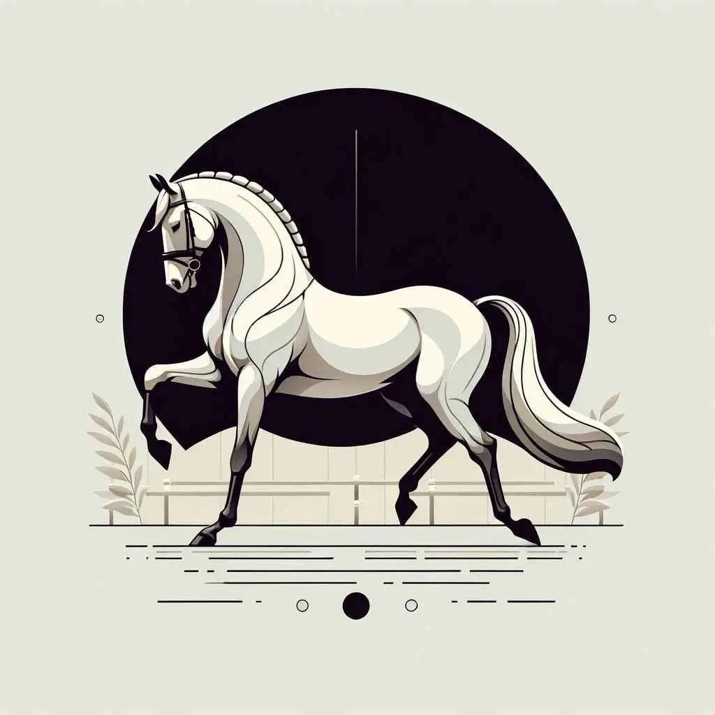 Stylized illustration of a graceful horse with a black circle background and decorative foliage.